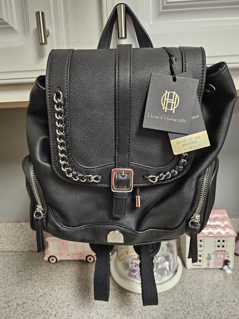 House of Harlow 1960 Black Faux Leather Backpack